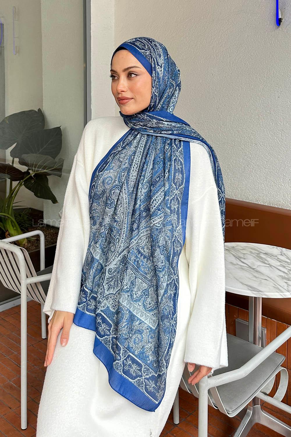 Lamelif Retro Desen Pamuk Şal İndigo