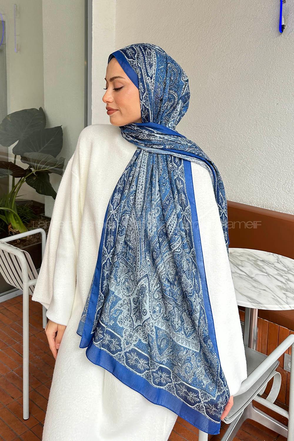 Lamelif Retro Desen Pamuk Şal İndigo