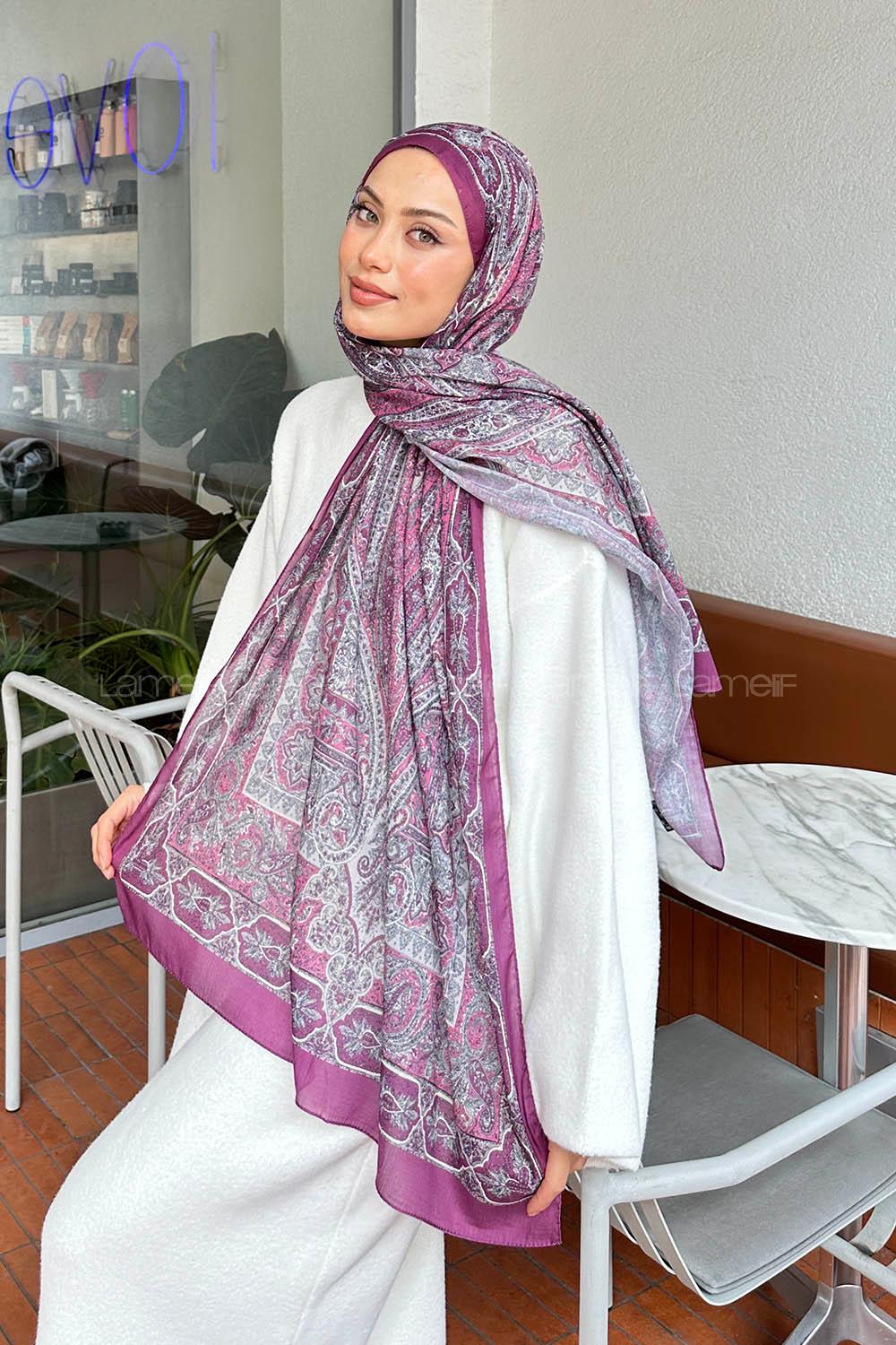 Lamelif Retro Desen Pamuk Şal Menekşe