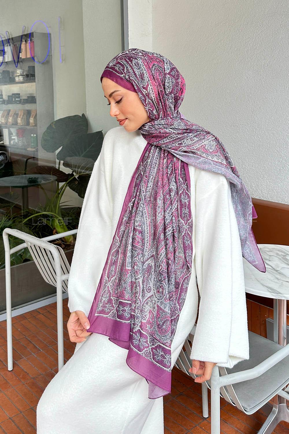 Lamelif Retro Desen Pamuk Şal Menekşe