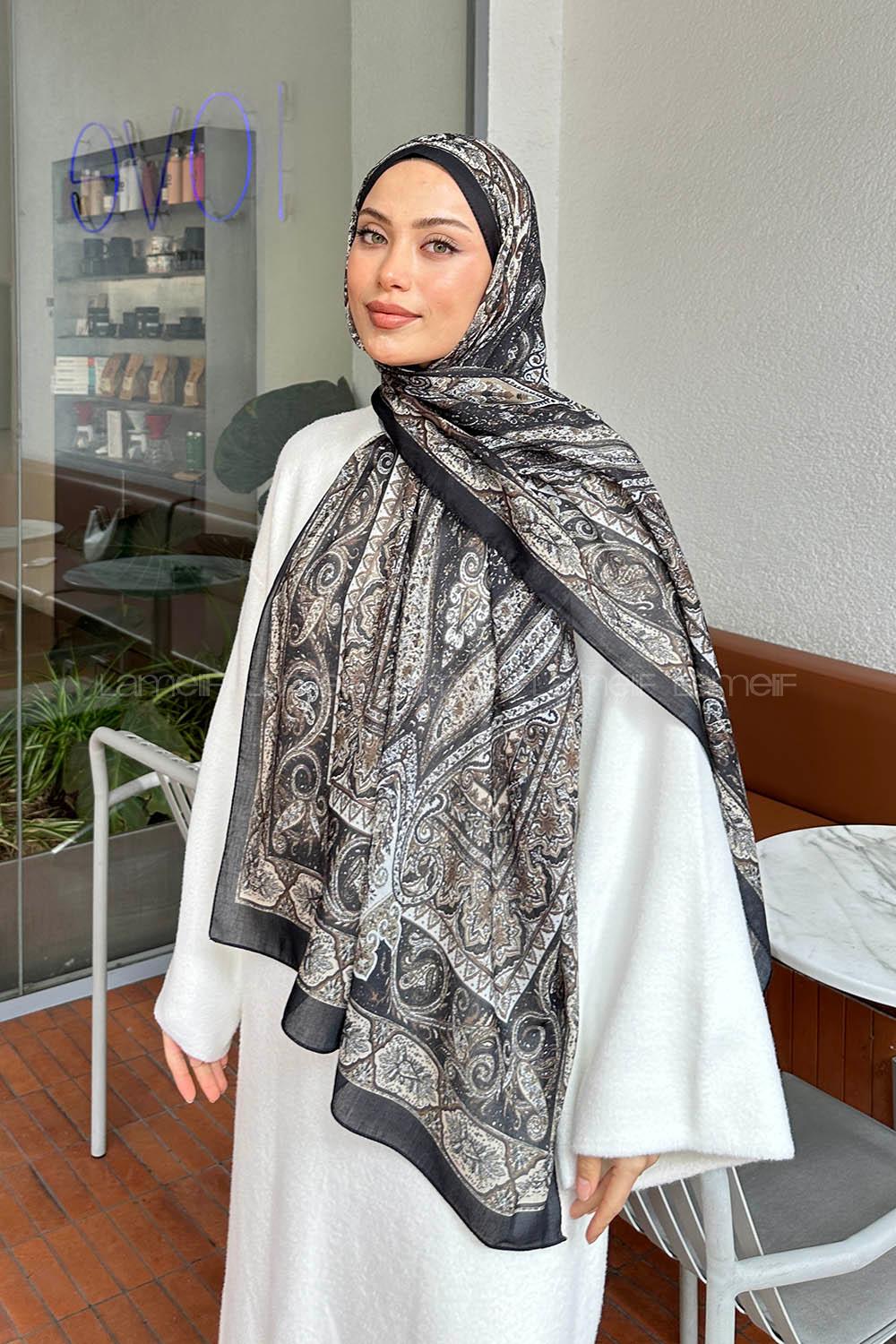 Lamelif Retro Desen Pamuk Şal Siyah Bej