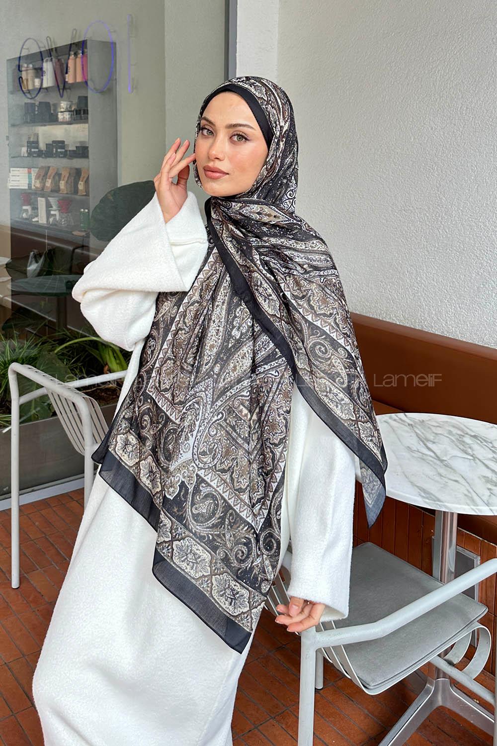 Lamelif Retro Desen Pamuk Şal Siyah Bej