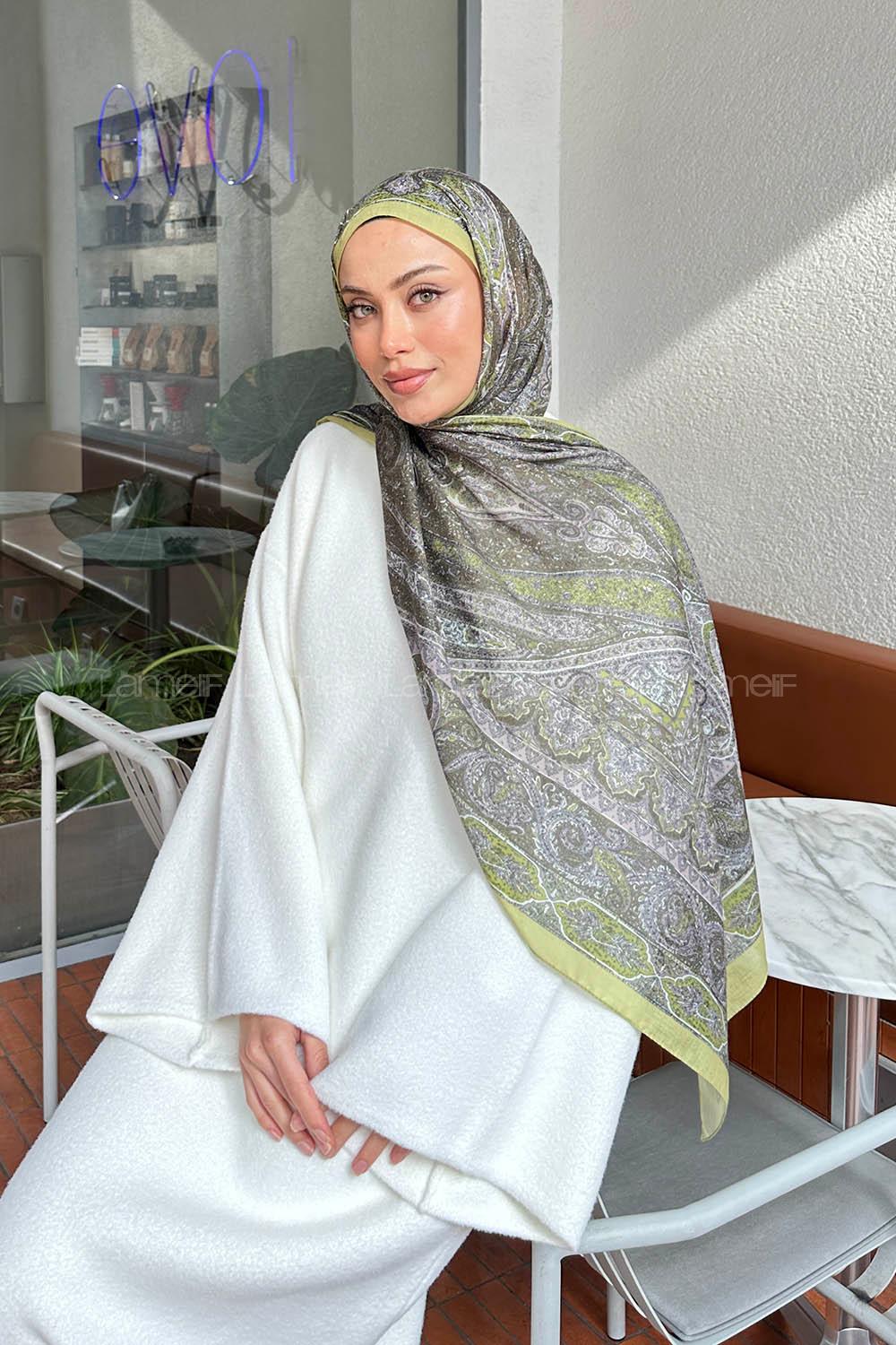 Lamelif Retro Desen Pamuk Şal Yağ Yeşili