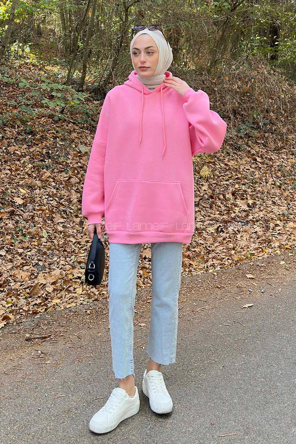 Lamelif Üç İplik Kanguru Cep Sweatshirt Pembe