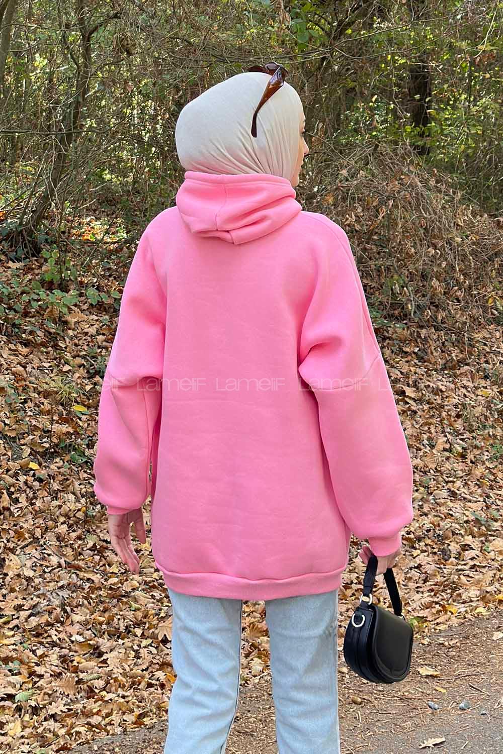 Lamelif Üç İplik Kanguru Cep Sweatshirt Pembe
