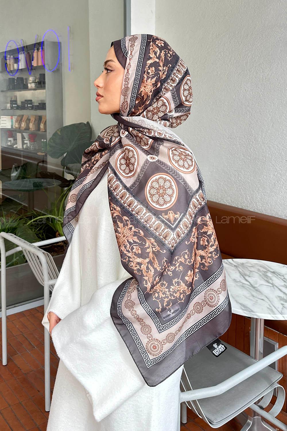 Lamelif Versa Desen Pamuk Şal Antrasit Vizon