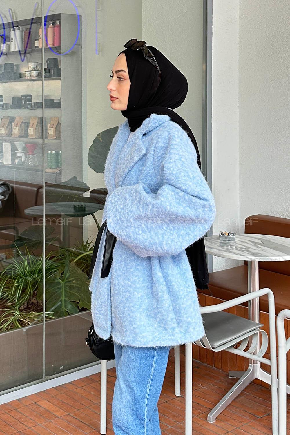 Baby Blue V Neck Long Arm Stamp Fabric Coat