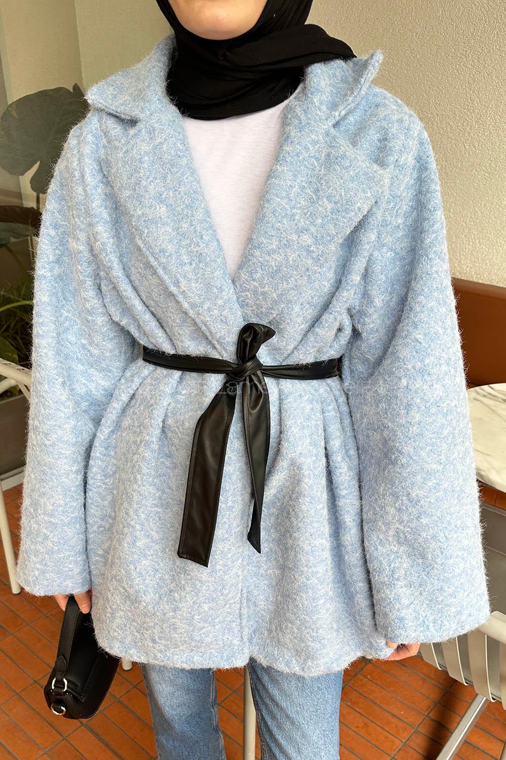 Baby Blue V Neck Long Arm Stamp Fabric Coat