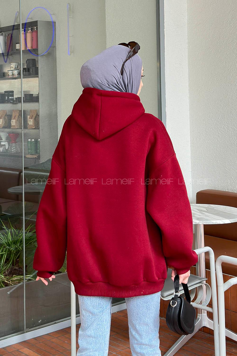 Lamelif Kapüşonlu Salaş Sweatshirt Bordo