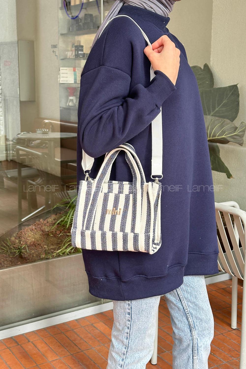 Lamelif Çizgili Kanvas Mini Kadın Çanta Lacivert