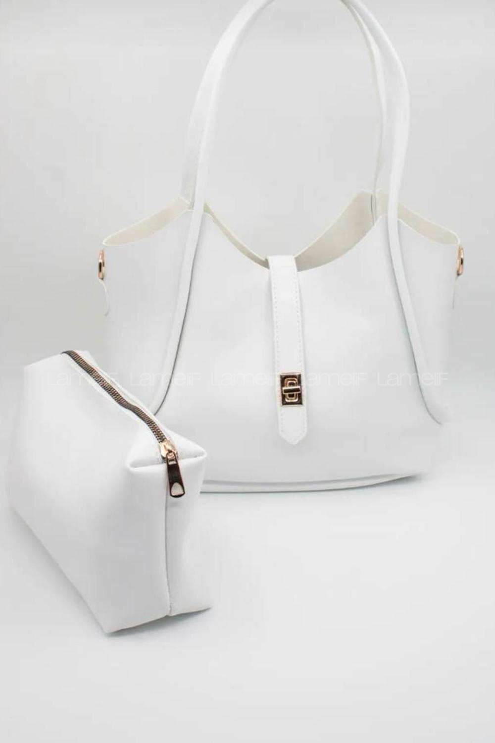 Lamelif Kilit Detaylı Kanguru El Ve Omuz Çantası Yavru Çantalı Kadın Beyaz
