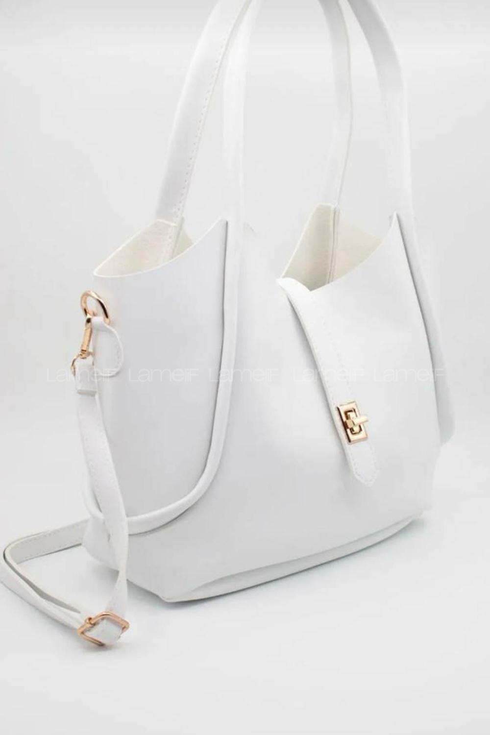 Lamelif Kilit Detaylı Kanguru El Ve Omuz Çantası Yavru Çantalı Kadın Beyaz