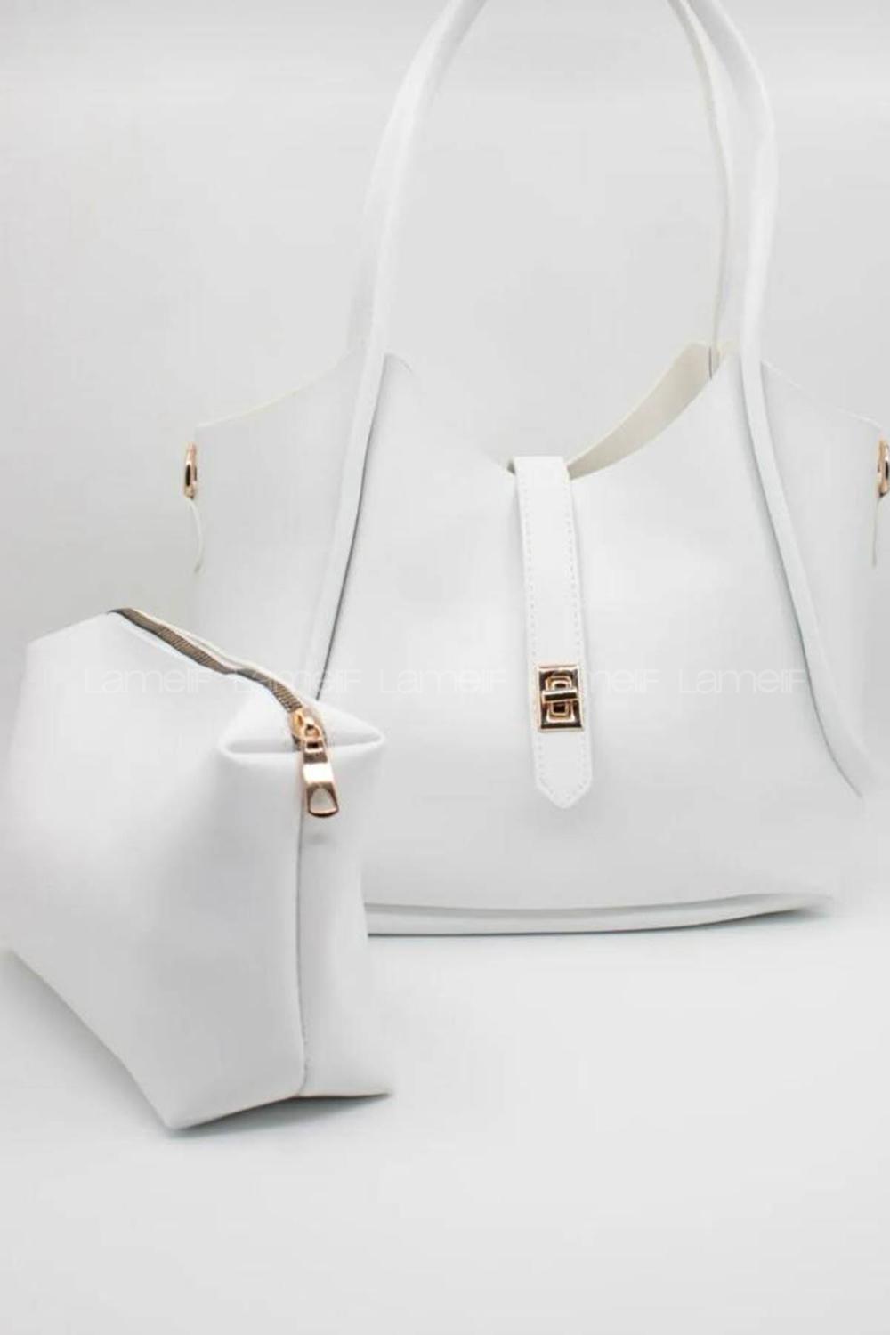 Lamelif Kilit Detaylı Kanguru El Ve Omuz Çantası Yavru Çantalı Kadın Beyaz