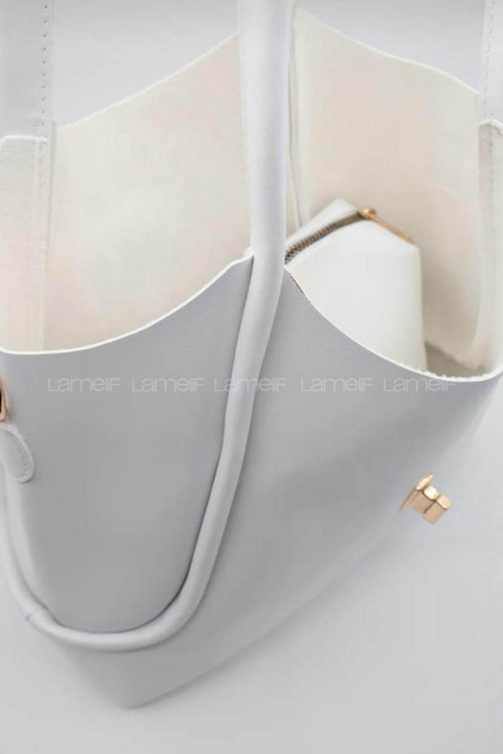 Lamelif Kilit Detaylı Kanguru El Ve Omuz Çantası Yavru Çantalı Kadın Beyaz