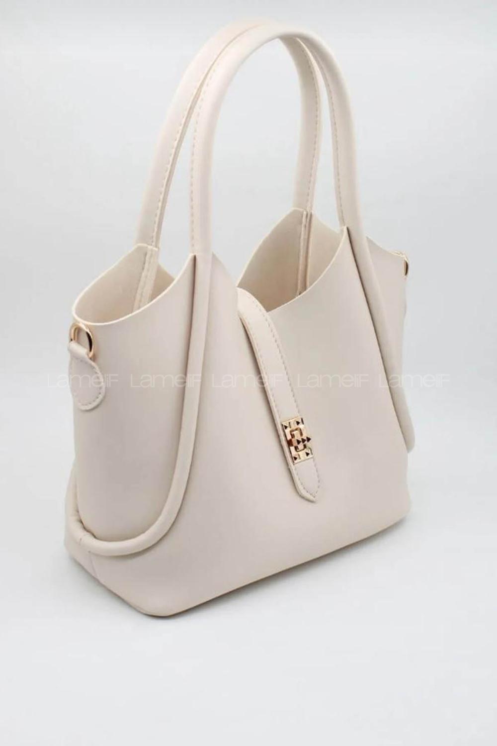 Lamelif Kilit Detaylı Kanguru El Ve Omuz Çantası Yavru Çantalı Kadın Krem