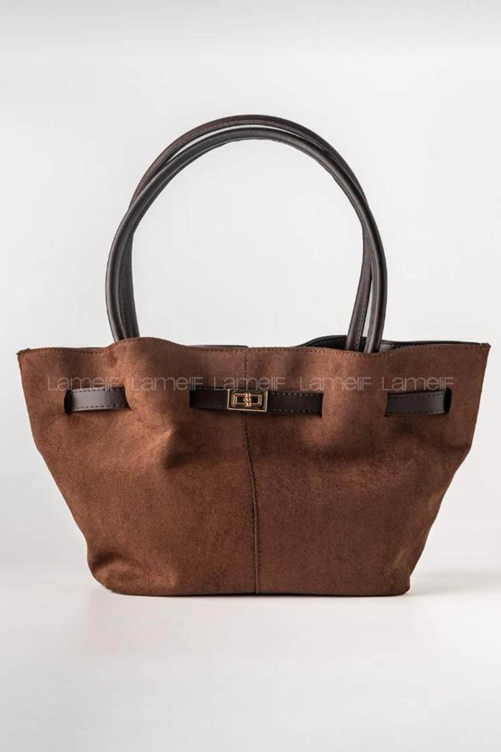 Lamelif Süet Kadın Büzgü Detay Klipsli Süet El Ve Omuz Çantası Acı Kahve