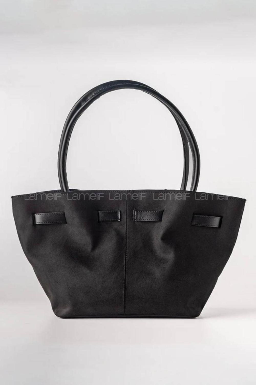 Lamelif Süet Kadın Büzgü Detay Klipsli Süet El Ve Omuz Çantası Siyah