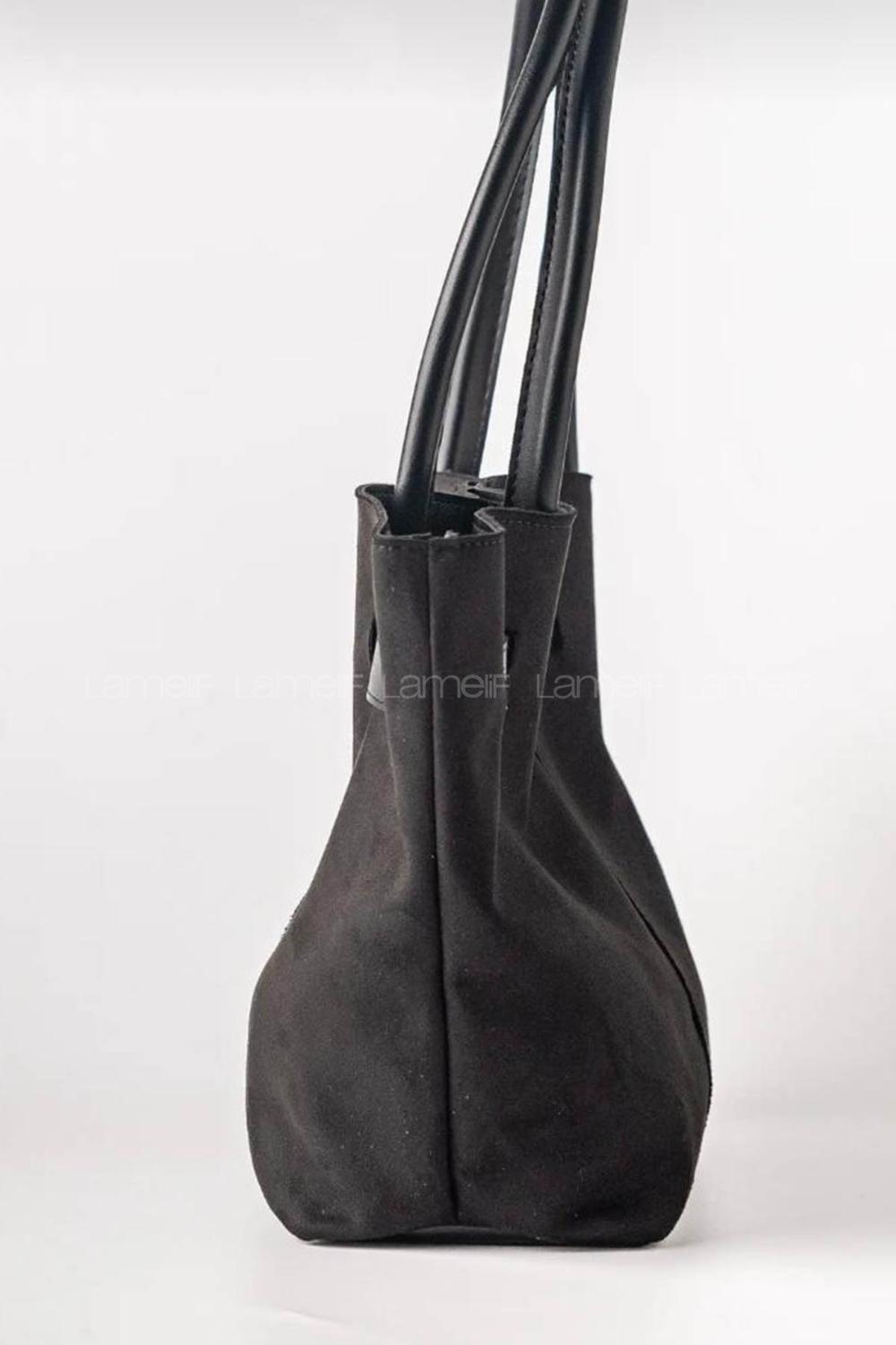 Lamelif Süet Kadın Büzgü Detay Klipsli Süet El Ve Omuz Çantası Siyah