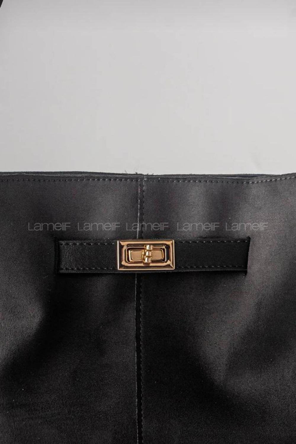 Lamelif Süet Kadın Büzgü Detay Klipsli Süet El Ve Omuz Çantası Siyah