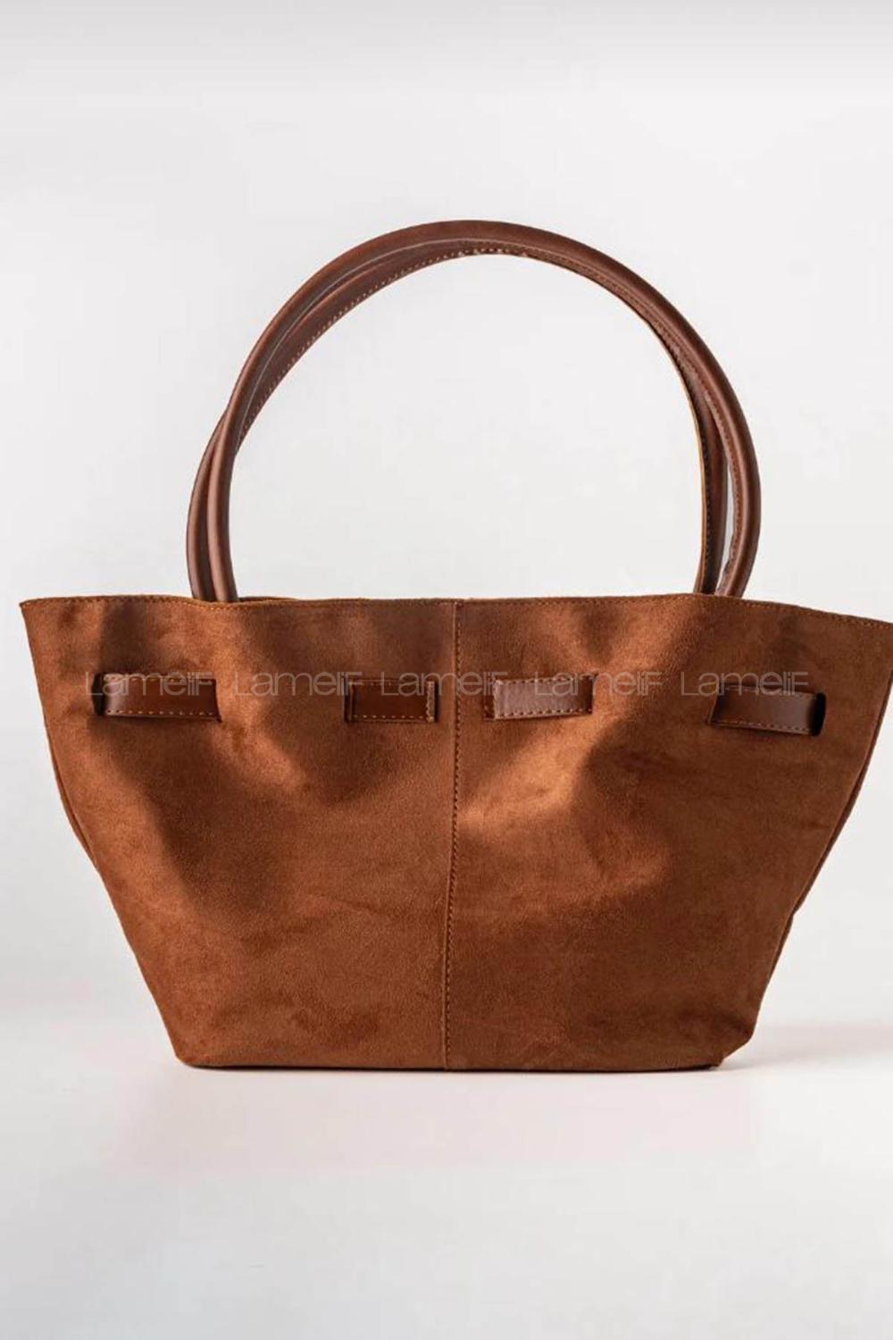 Lamelif Süet Kadın Büzgü Detay Klipsli Süet El Ve Omuz Çantası Taba