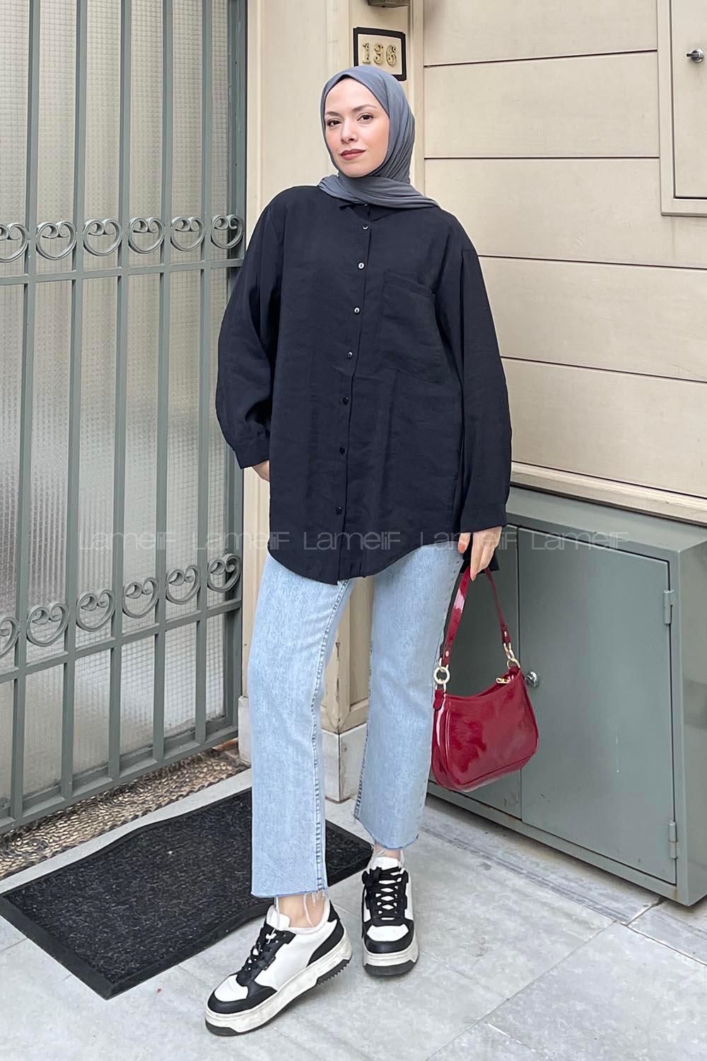 Lamelif Düğmeli Oversize Crisse Gömlek Siyah