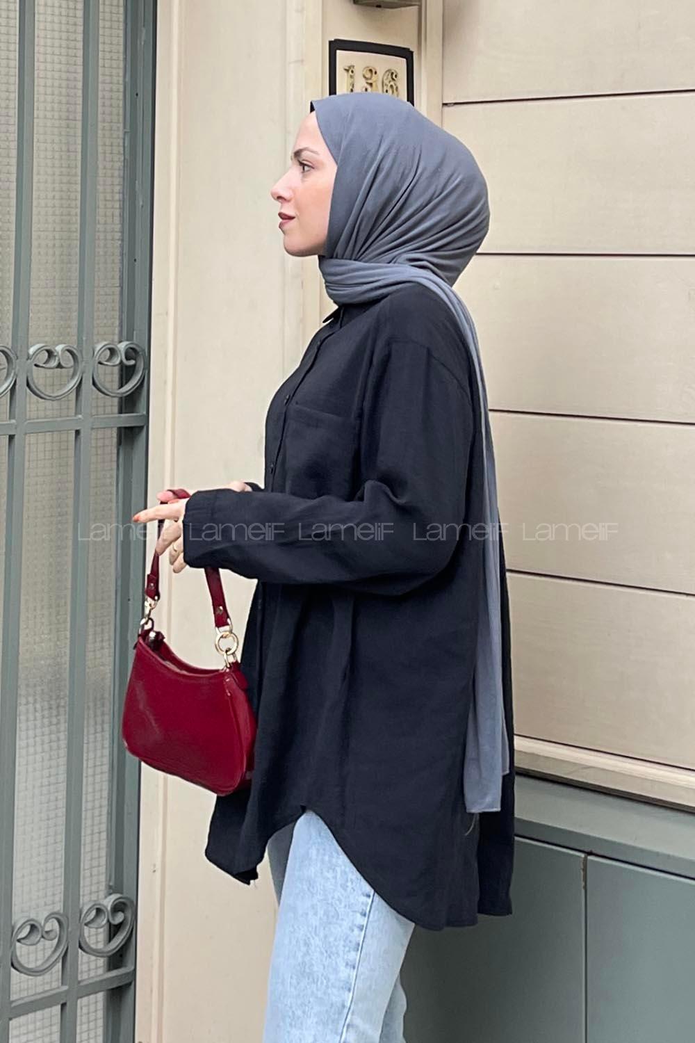 Lamelif Düğmeli Oversize Crisse Gömlek Siyah