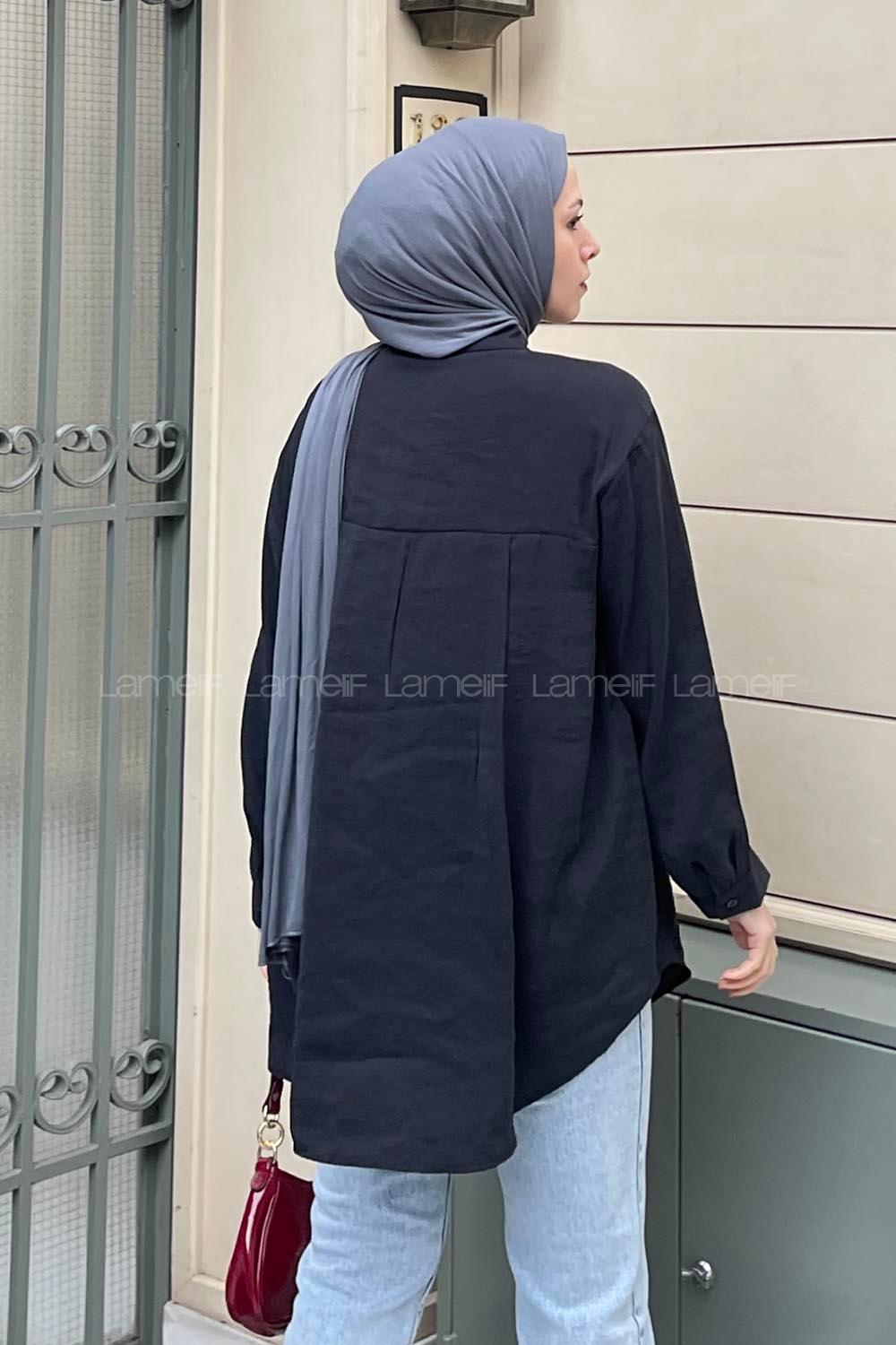 Lamelif Düğmeli Oversize Crisse Gömlek Siyah