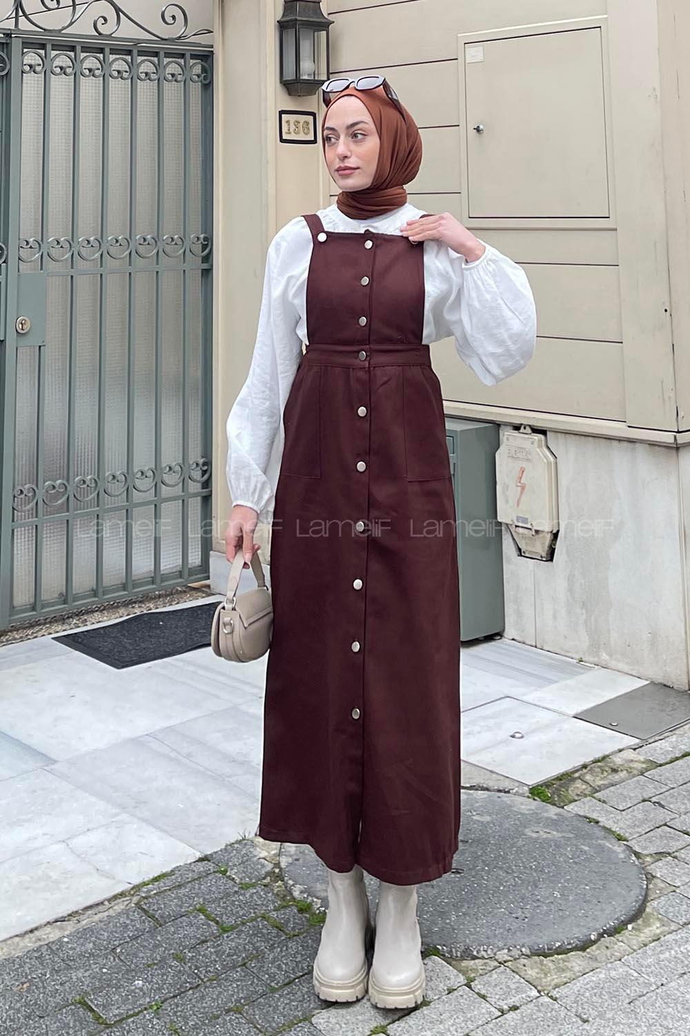 Lamelif Önü Boydan Düğmeli Salopet Acı Kahve