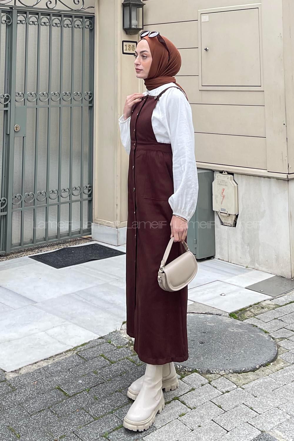 Lamelif Önü Boydan Düğmeli Salopet Acı Kahve