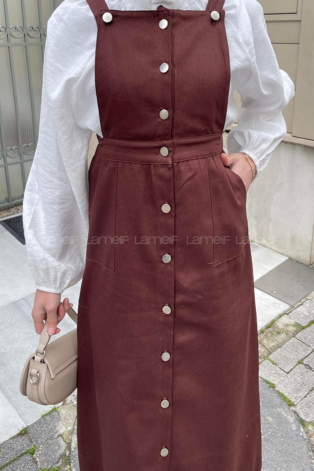 Lamelif Önü Boydan Düğmeli Salopet Acı Kahve