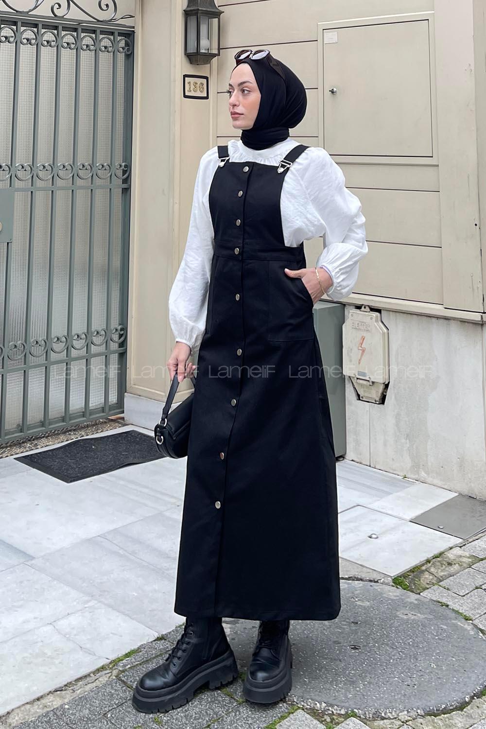 Lamelif Önü Boydan Düğmeli Salopet Siyah