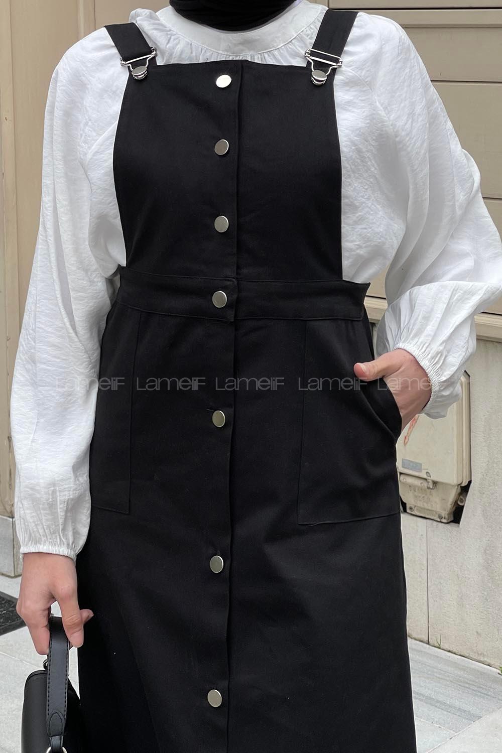 Lamelif Önü Boydan Düğmeli Salopet Siyah