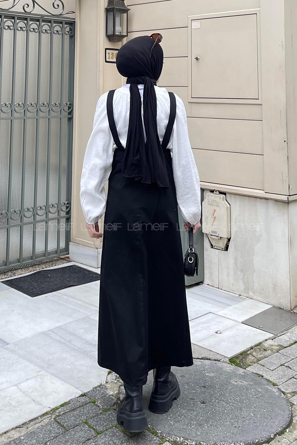 Lamelif Önü Boydan Düğmeli Salopet Siyah