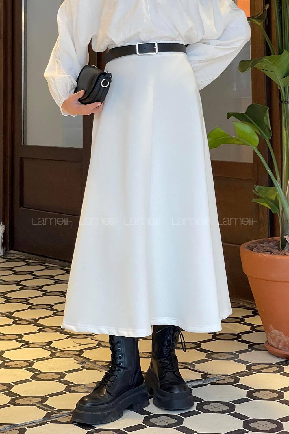 Lamelif Scuba Kumaş Kloş Etek Beyaz