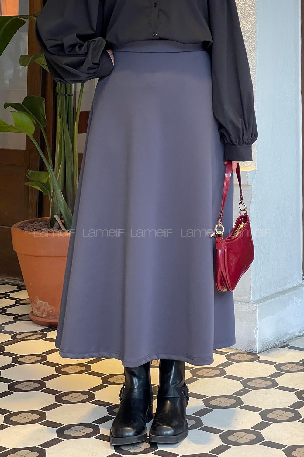 Lamelif Scuba Kumaş Kloş Etek Füme