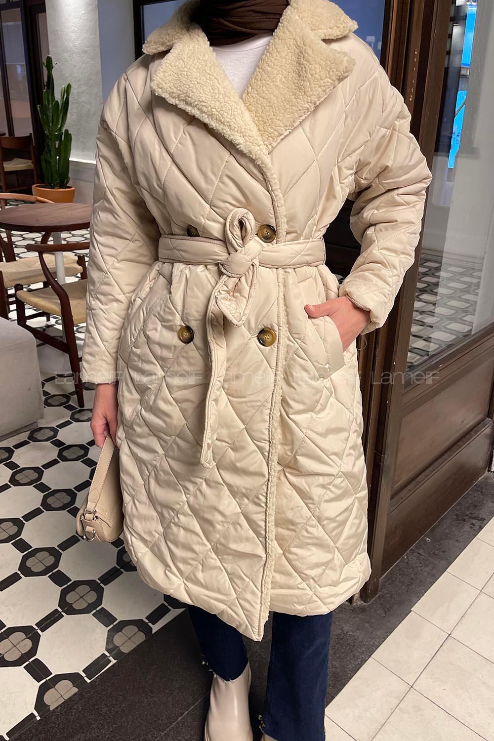 Lamelif Yakası Suni Kürklü Bel Kuşaklı Mont Taş