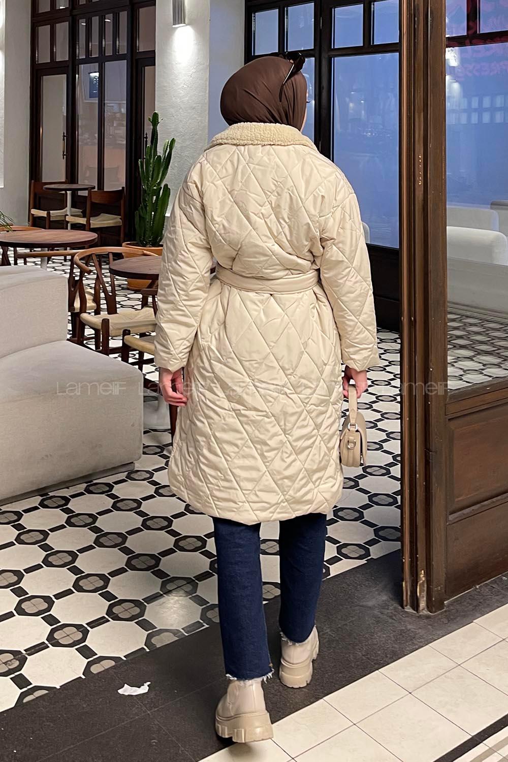 Lamelif Yakası Suni Kürklü Bel Kuşaklı Mont Taş