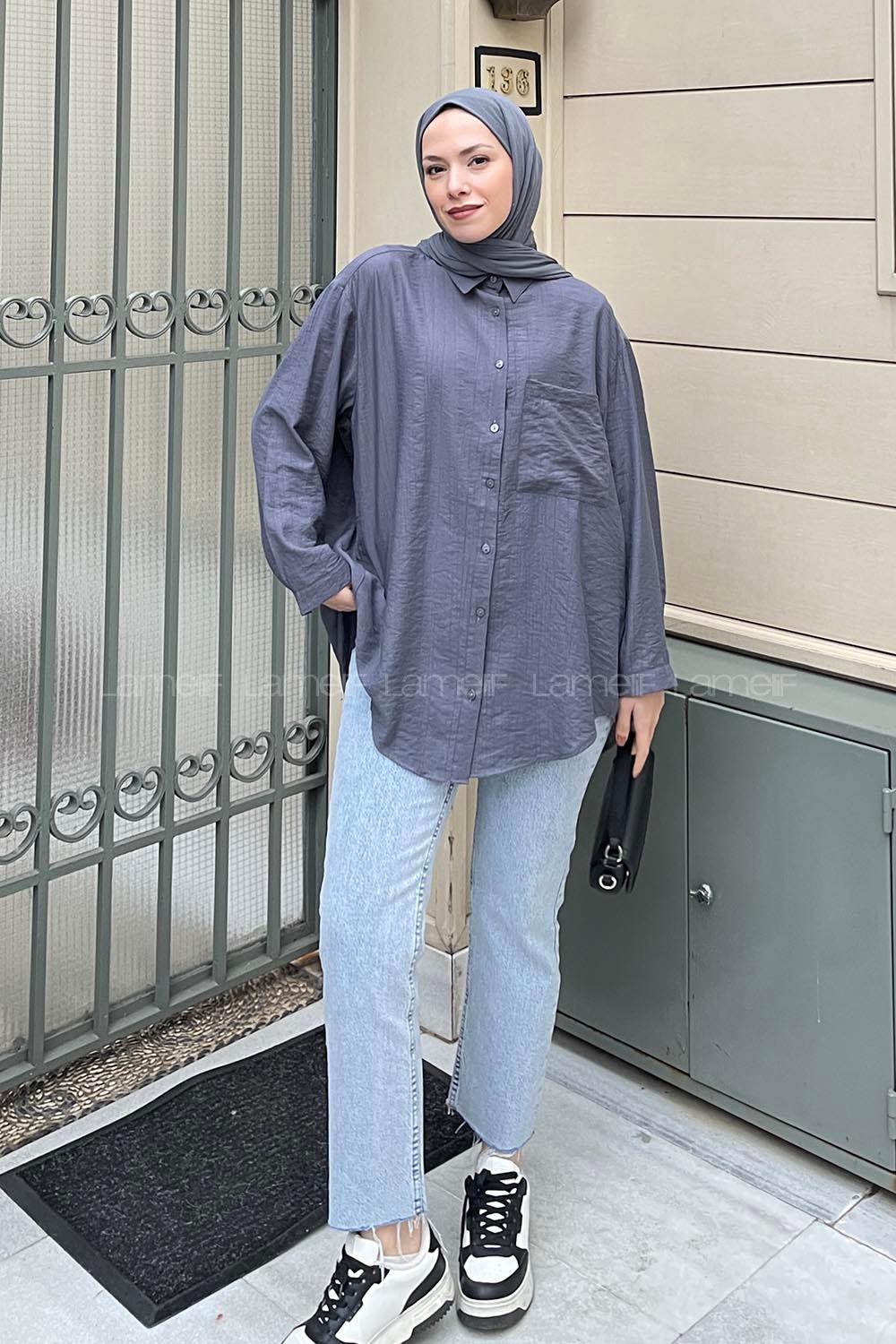 Tek Cep Oversize Gömlek Metalik Gri