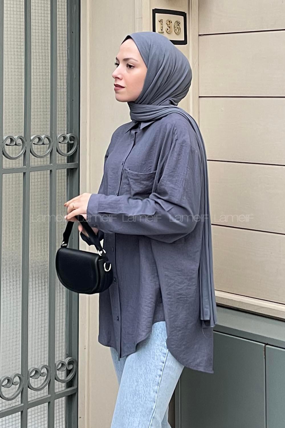 Tek Cep Oversize Gömlek Metalik Gri