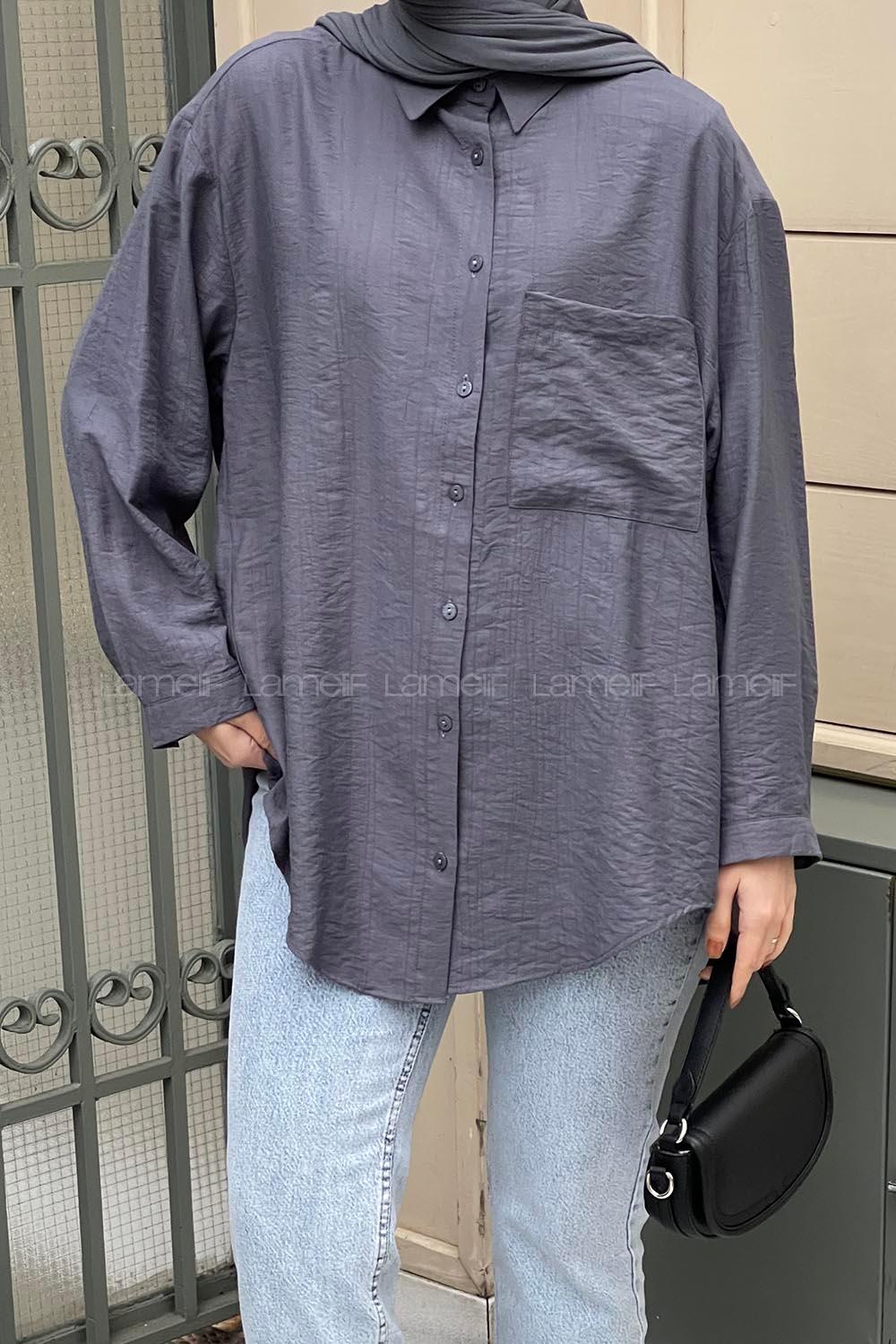 Tek Cep Oversize Gömlek Metalik Gri
