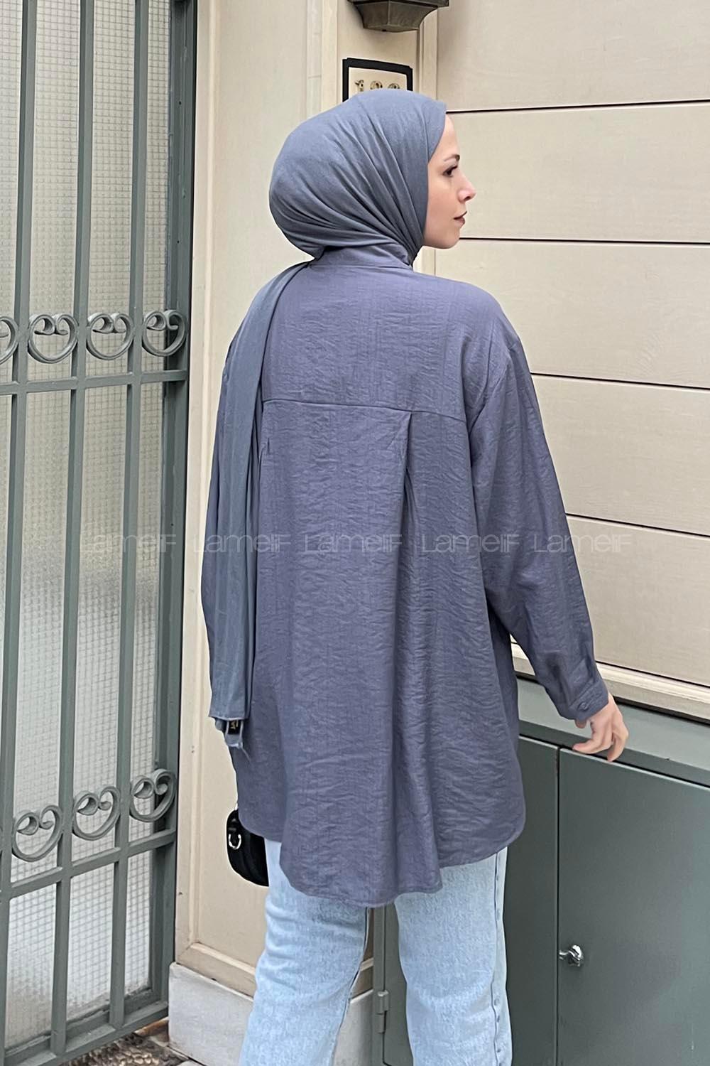 Tek Cep Oversize Gömlek Metalik Gri