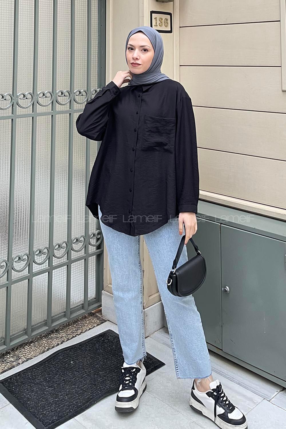 Tek Cep Oversize Gömlek Siyah