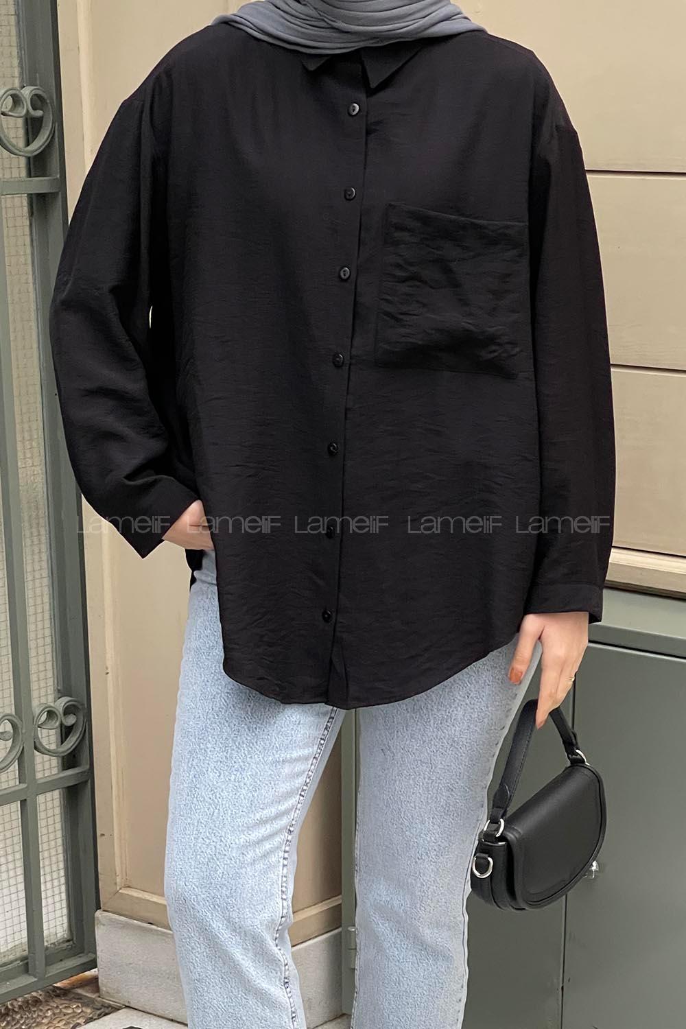 Tek Cep Oversize Gömlek Siyah