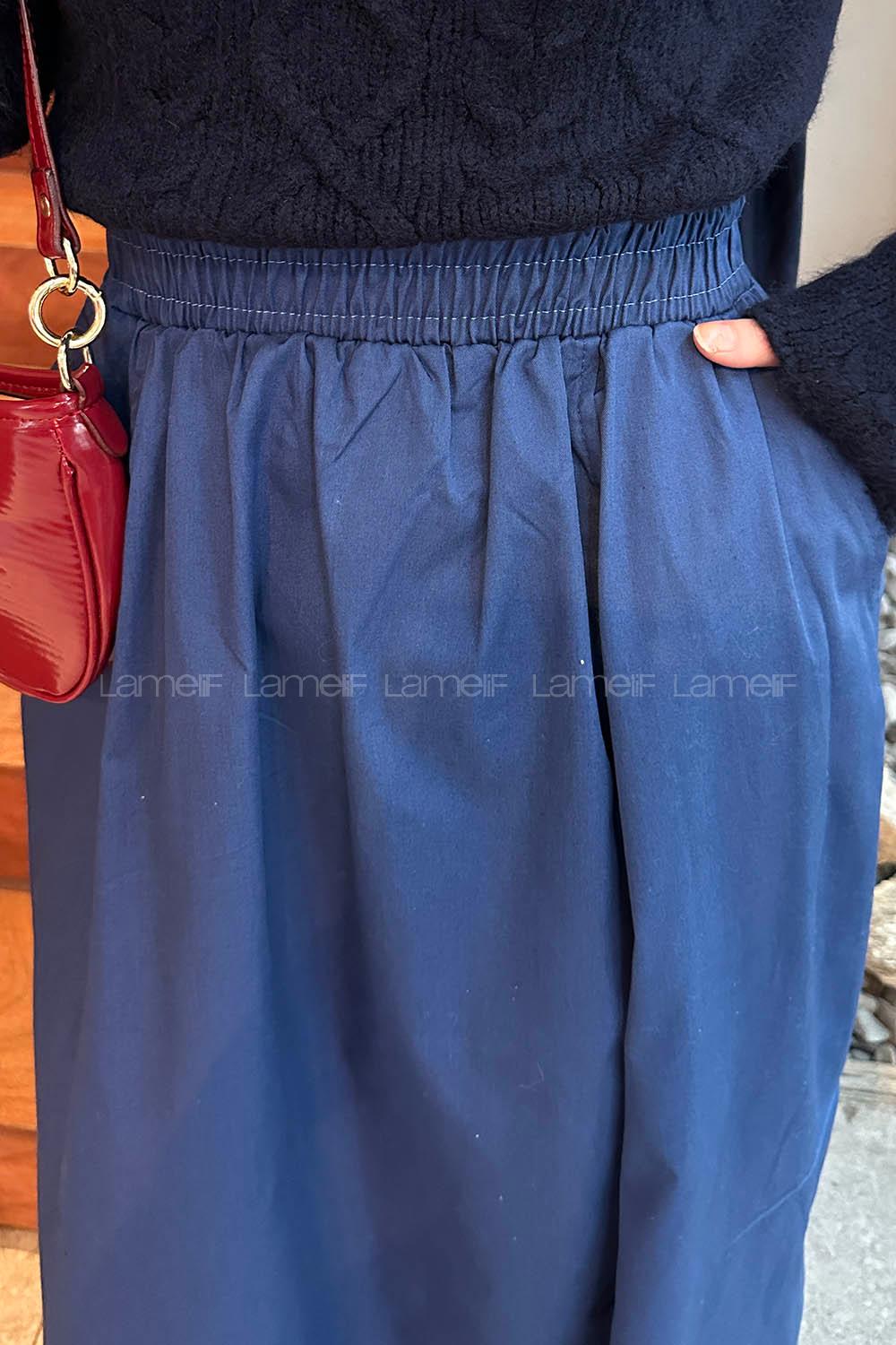 Lamelif Cep Detaylı Kloş Keten Etek Koyu Mavi