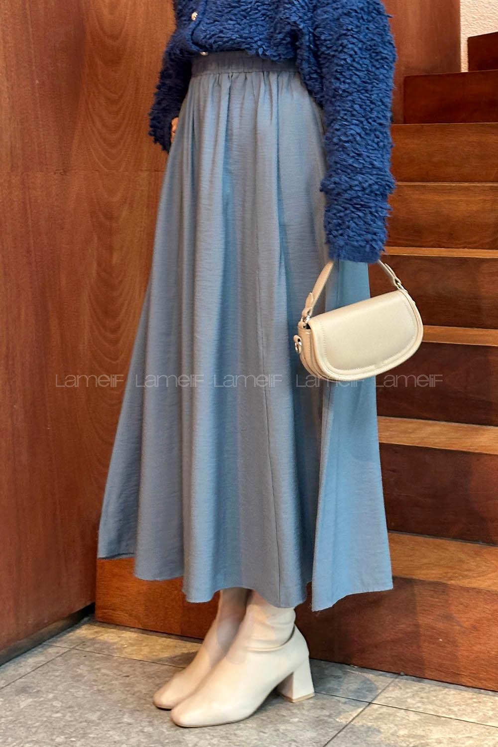 Lamelif Cep Detaylı Tensel Kloş Etek Metalik Gri