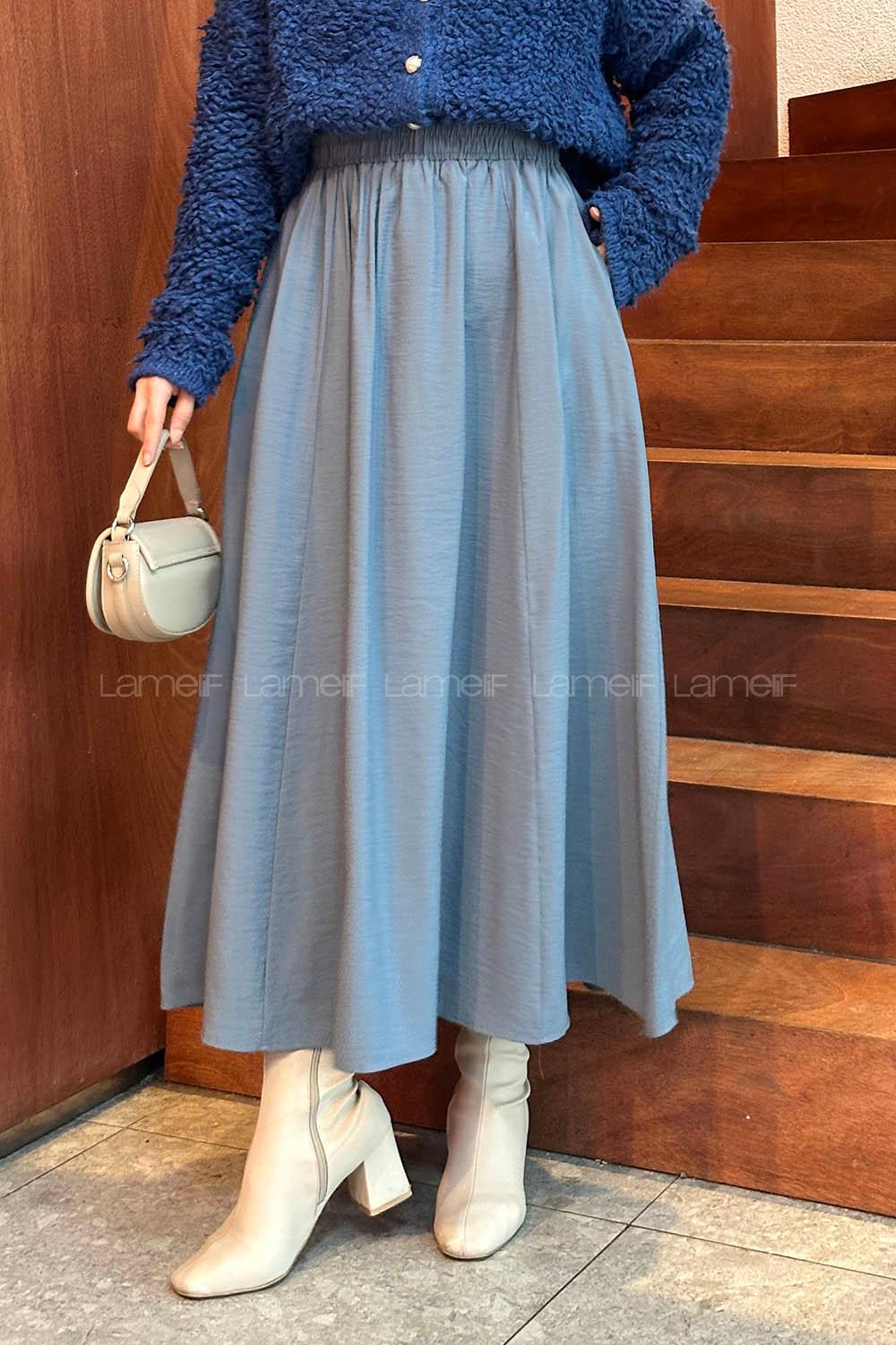 Lamelif Cep Detaylı Tensel Kloş Etek Metalik Gri