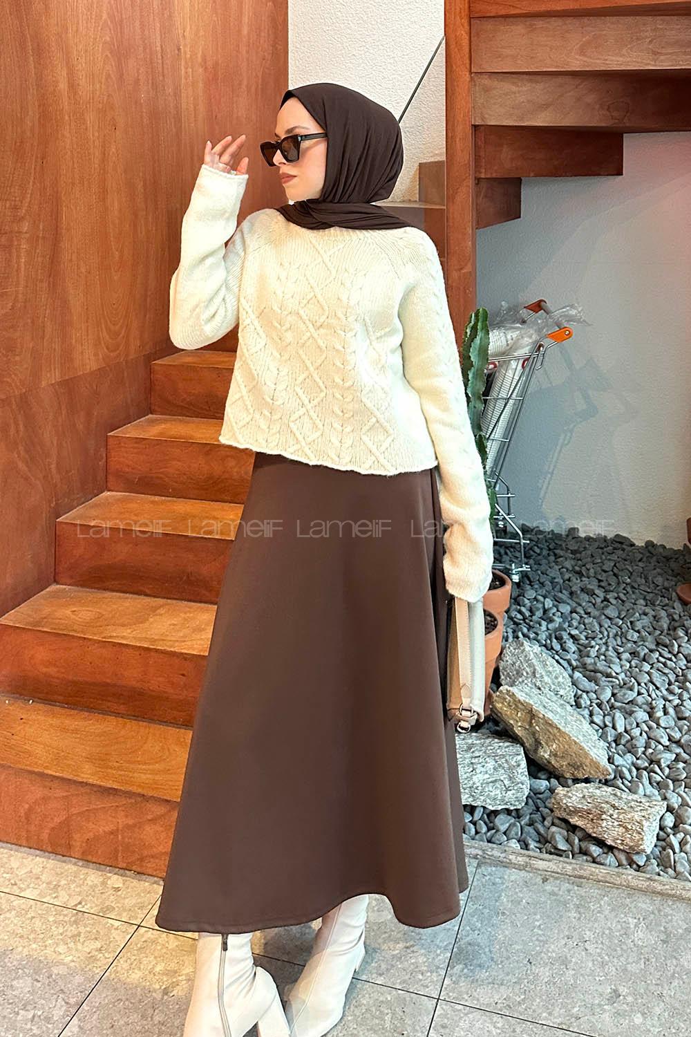 Lamelif Örgülü Kazak Krem