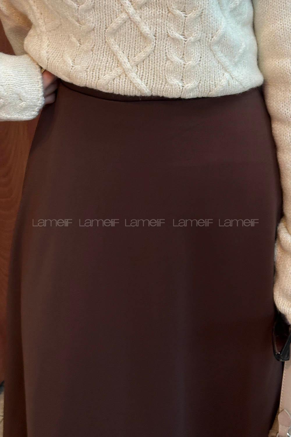 Lamelif Scuba Kumaş Kloş Etek Kahverengi