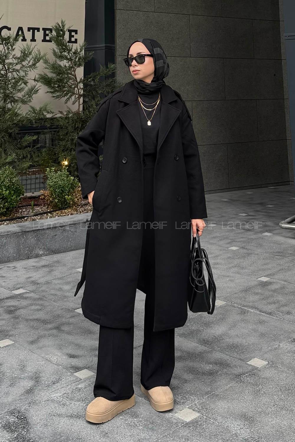 Lamelif Kemerli Kaşe Kaban Siyah