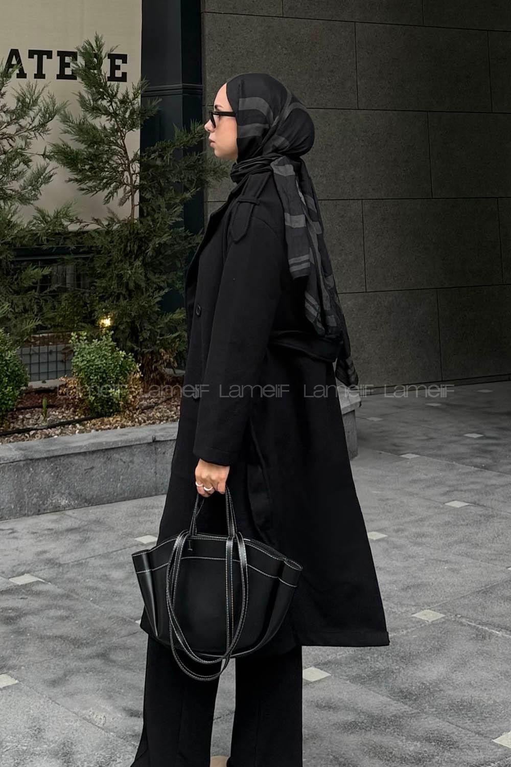 Lamelif Kemerli Kaşe Kaban Siyah